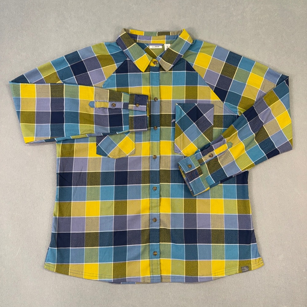 LL Bean Mens XL Plaid Technical Hiking Shirt Yellow Blue Long Sleeve